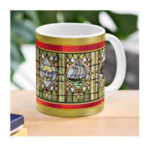 Design from antique stained glass church windows, printed on a coffee mug - with red and gold holiday trim